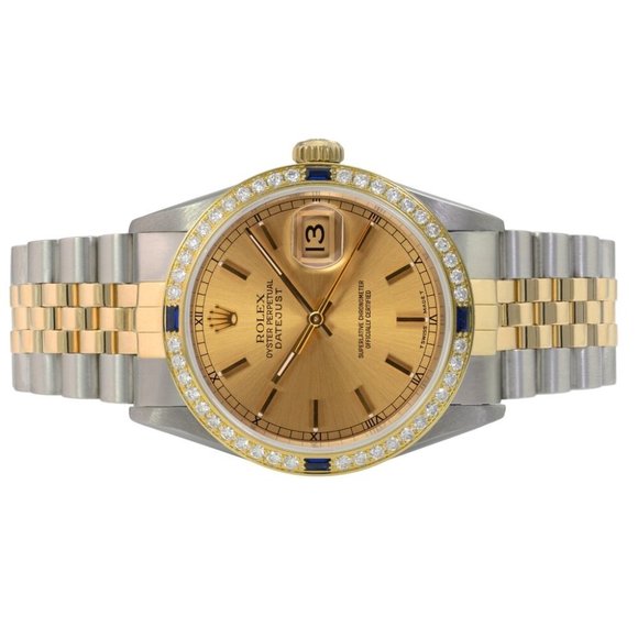 ROLEX DATEJUST CHAMPAGNE INDEX-ROMAN DIAL DIAMOND-SAPPHIRE JUBILEE TWOTONE 16233 - Picture 4 of 7